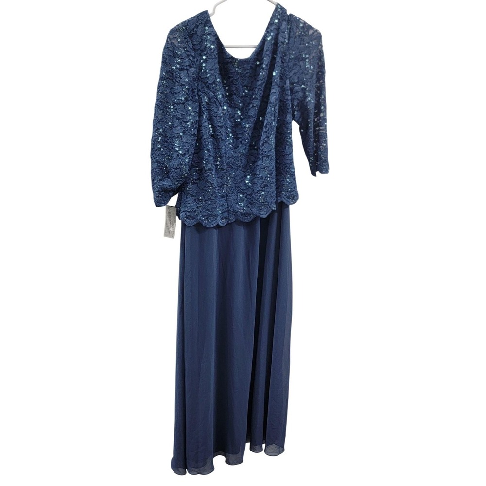 Alex Evenings Mock Two-Piece Gown Dress Womens 16P Petite Blue Lace Sequin